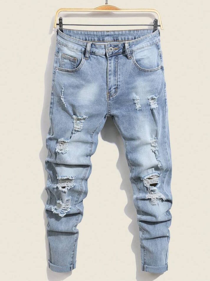 DEVIL-DENIM Men's Fashionable Casual Distressed Washed Denim Jeans